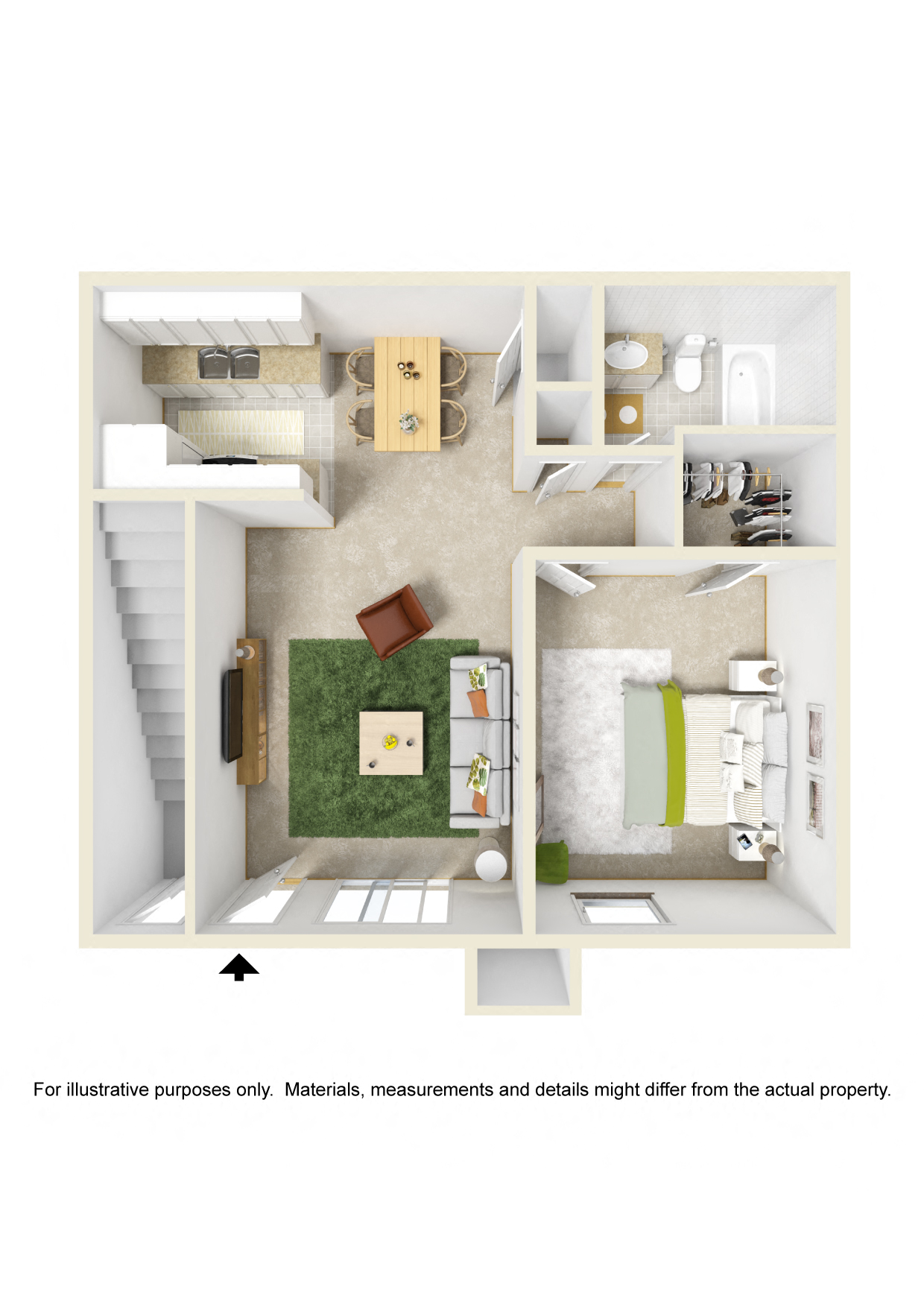 Floor plan for 1 bed, 1 bath, 750 sqft